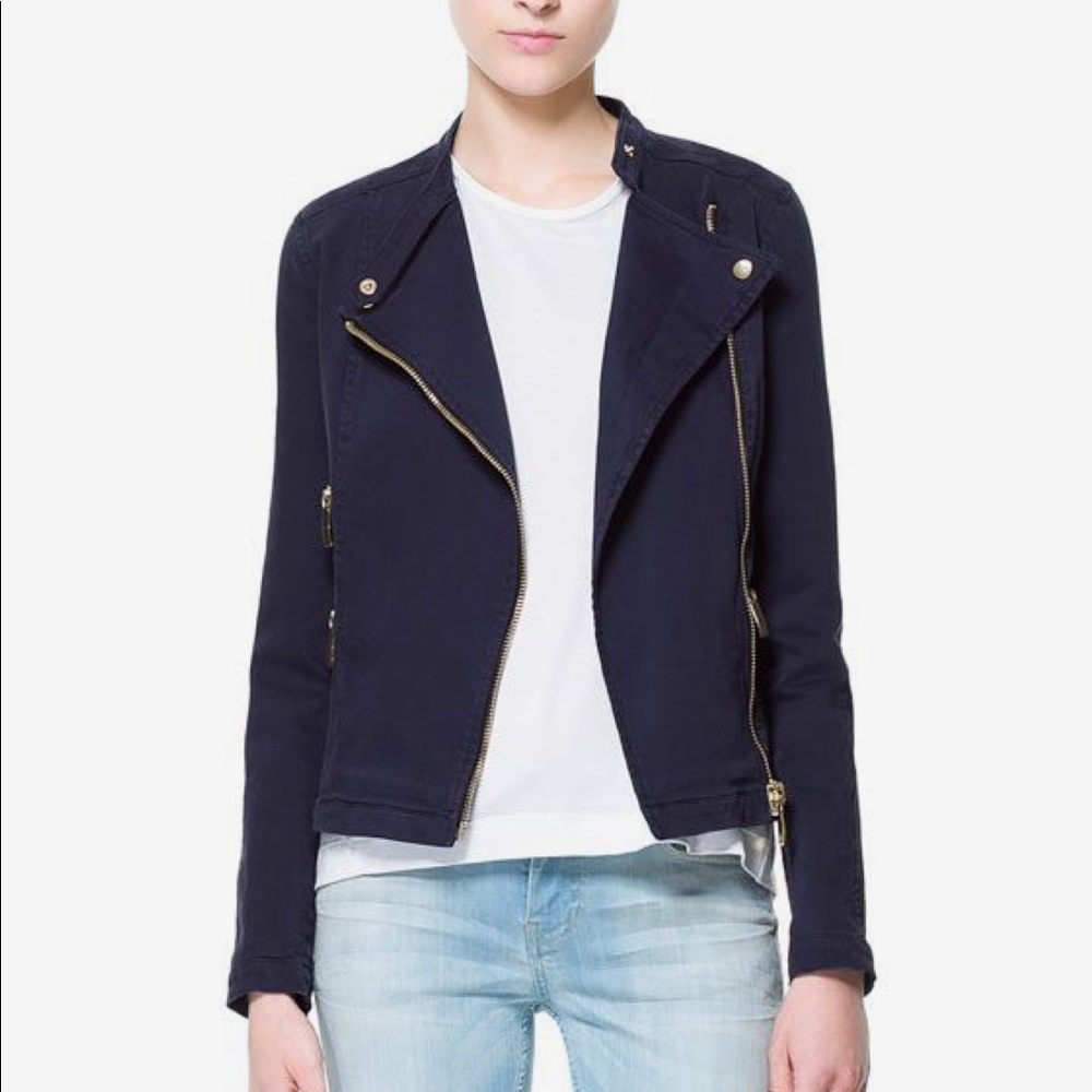 Zara Moto Double Breasted Zip Jacket Navy